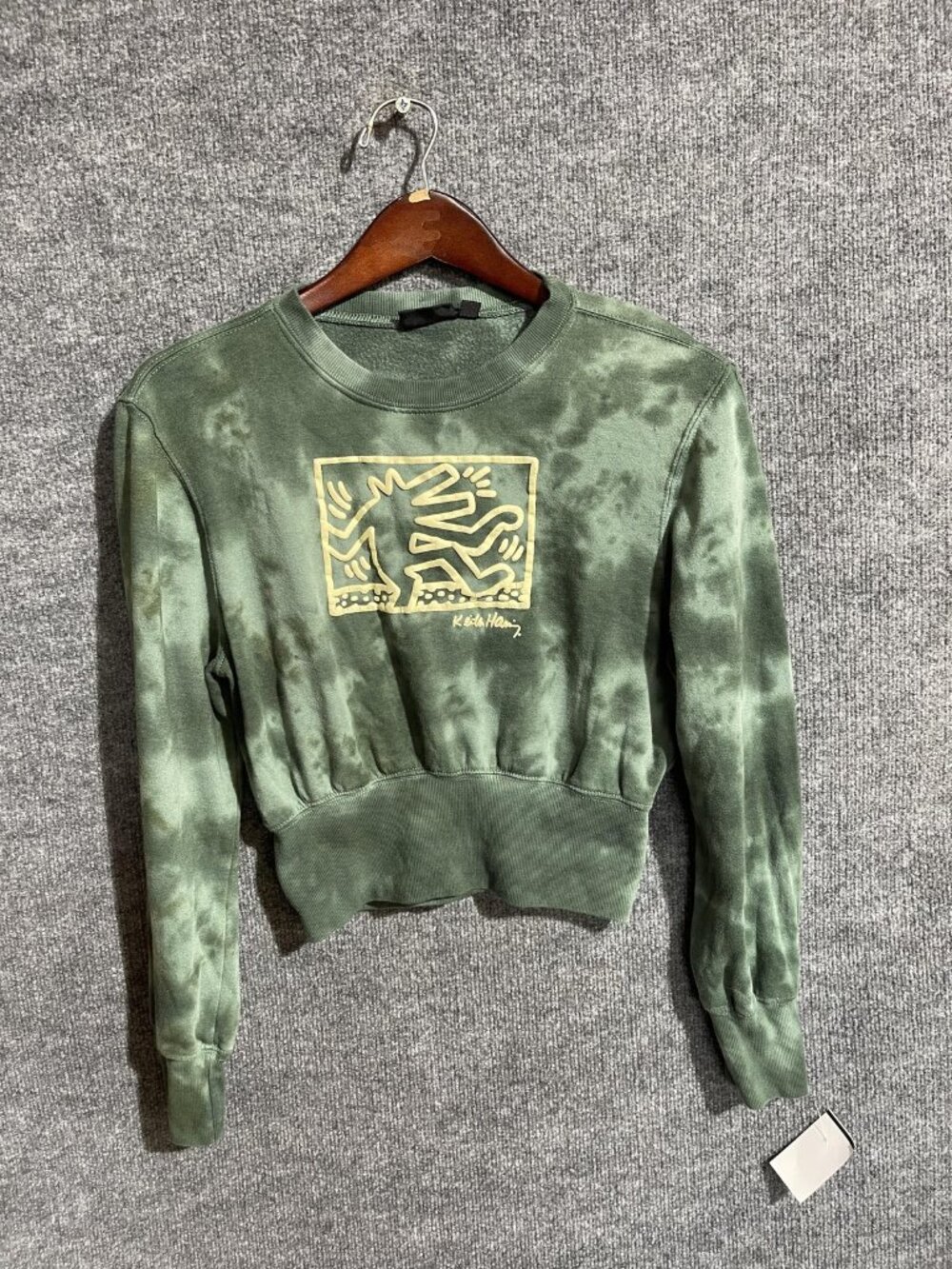 Keith Haring Sweatshirt Womens Large Green Tie Dye Cropped Graphic Pullover